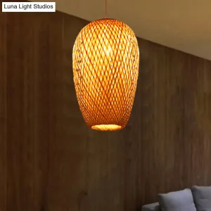 14.5" H Bamboo Oblong Pendant - 1 Light Asia Hanging Ceiling Light in Beige