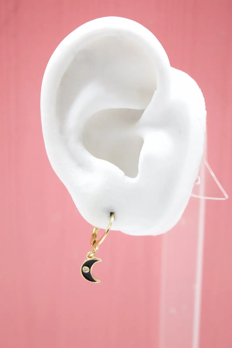 18K Gold Filled Crescent Moon Huggies Earrings With CZ Stones (L162)