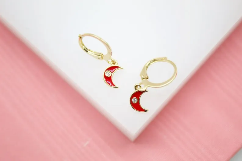 18K Gold Filled Crescent Moon Huggies Earrings With CZ Stones (L162)
