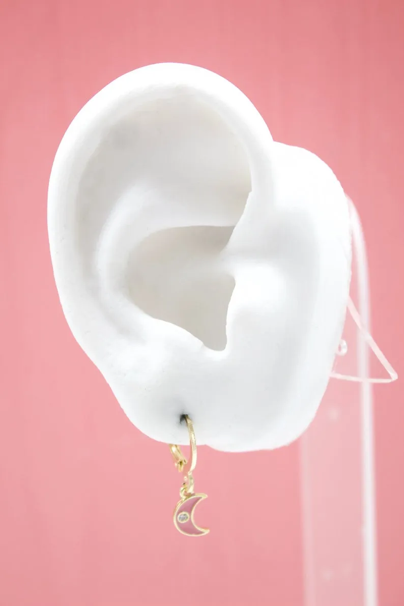 18K Gold Filled Crescent Moon Huggies Earrings With CZ Stones (L162)