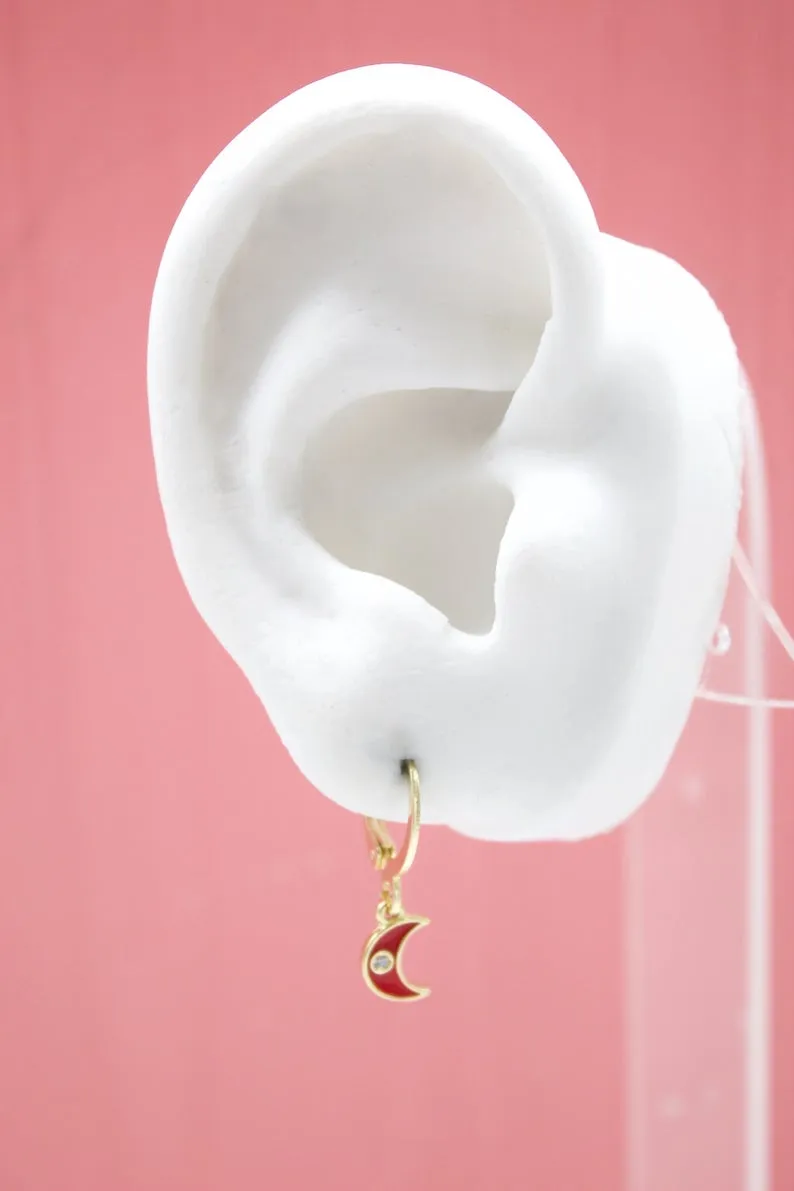 18K Gold Filled Crescent Moon Huggies Earrings With CZ Stones (L162)
