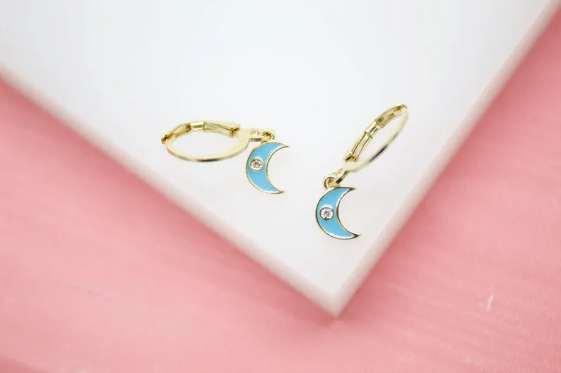 18K Gold Filled Crescent Moon Huggies Earrings With CZ Stones (L162)