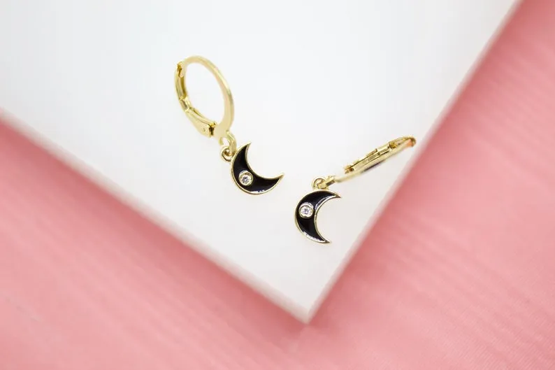 18K Gold Filled Crescent Moon Huggies Earrings With CZ Stones (L162)