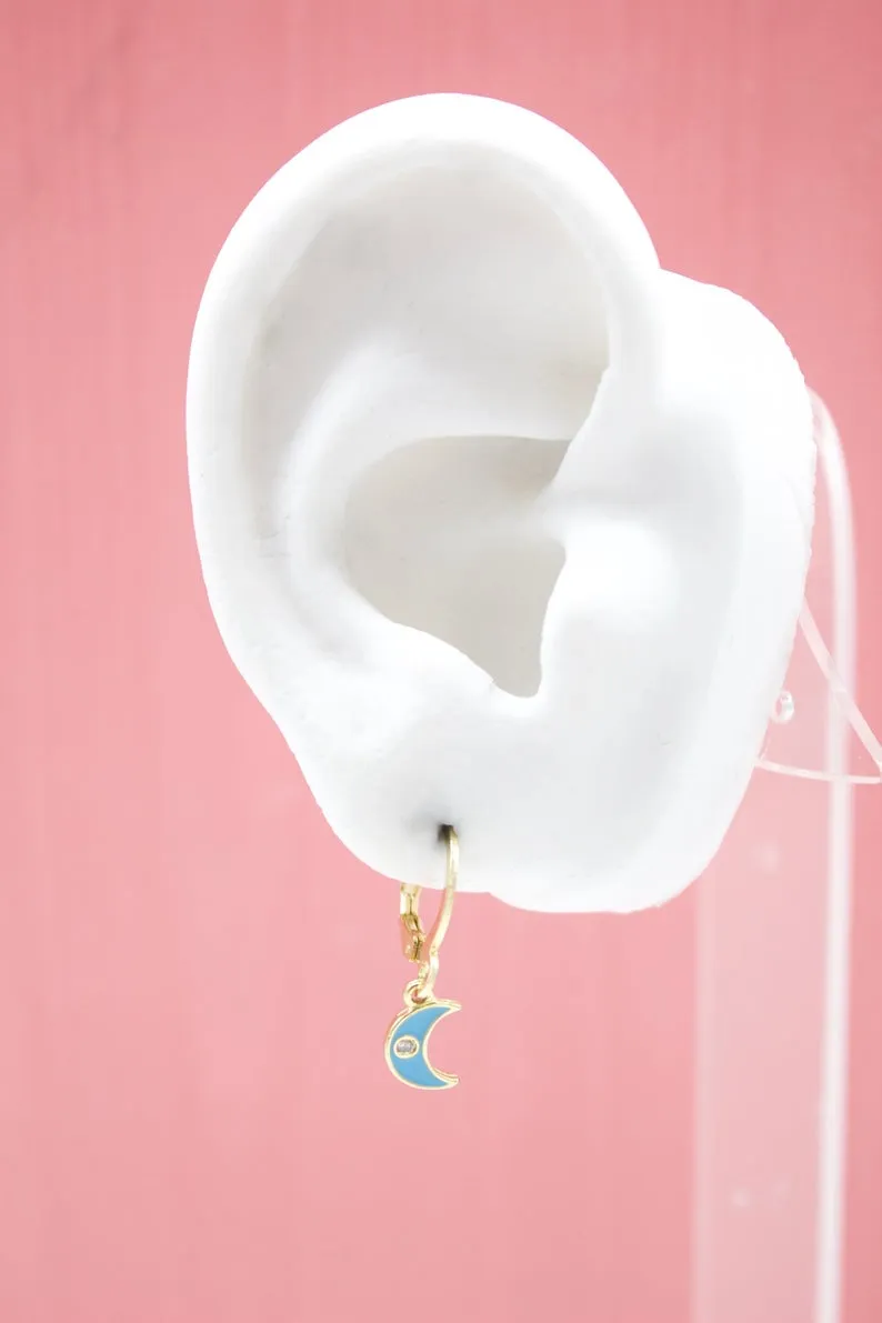 18K Gold Filled Crescent Moon Huggies Earrings With CZ Stones (L162)