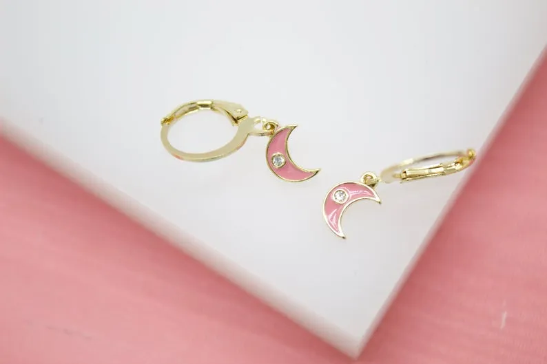 18K Gold Filled Crescent Moon Huggies Earrings With CZ Stones (L162)