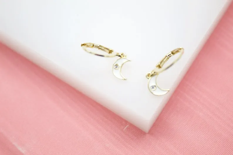 18K Gold Filled Crescent Moon Huggies Earrings With CZ Stones (L162)
