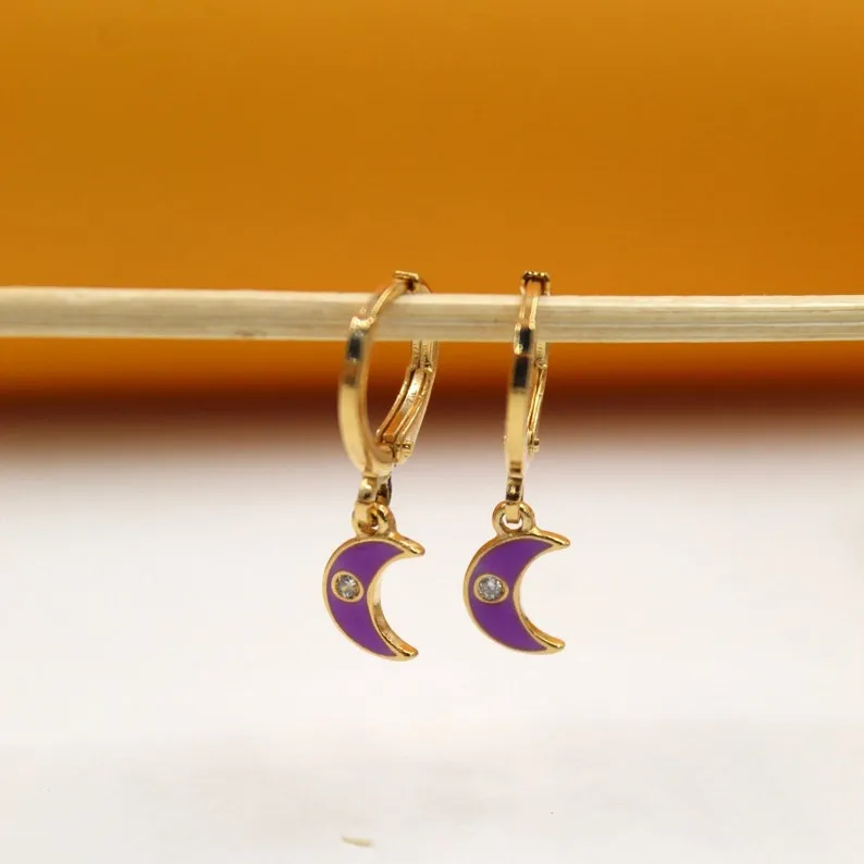 18K Gold Filled Crescent Moon Huggies Earrings With CZ Stones (L162)