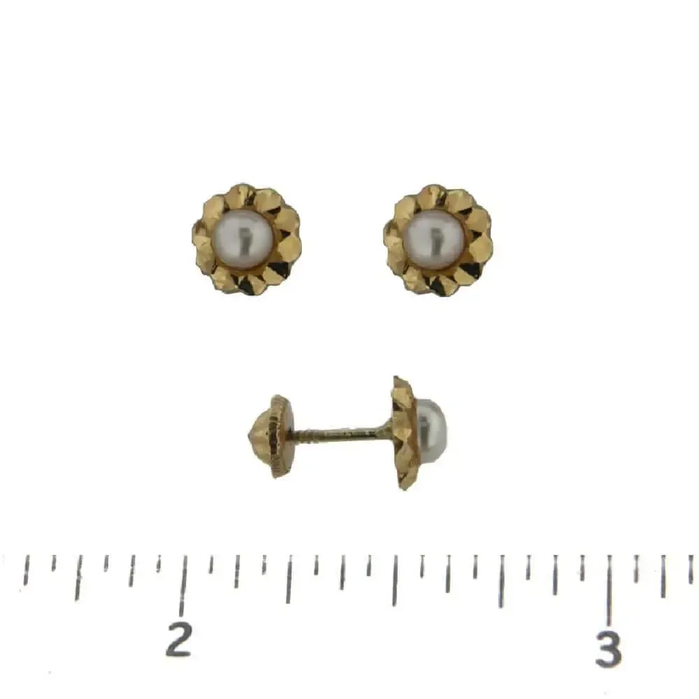 18K Yellow Gold Pearl and Diamond cut Screw back Earrings