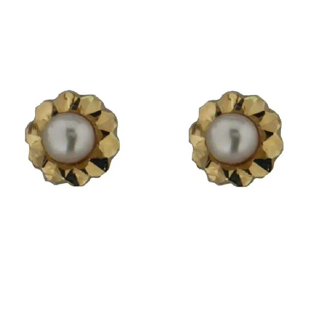 18K Yellow Gold Pearl and Diamond cut Screw back Earrings