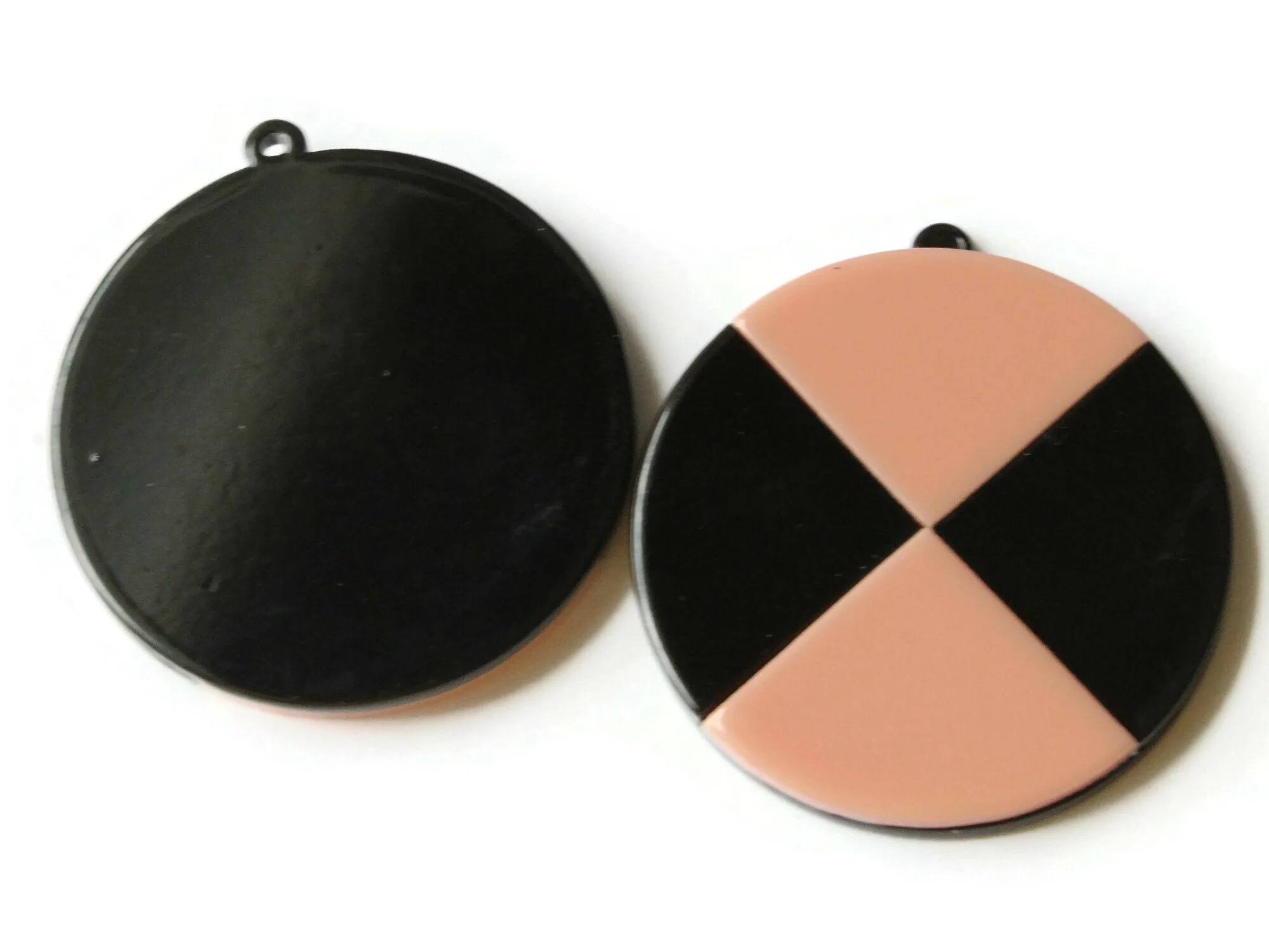 2 Pink and Black Flat Round Resin Pendants