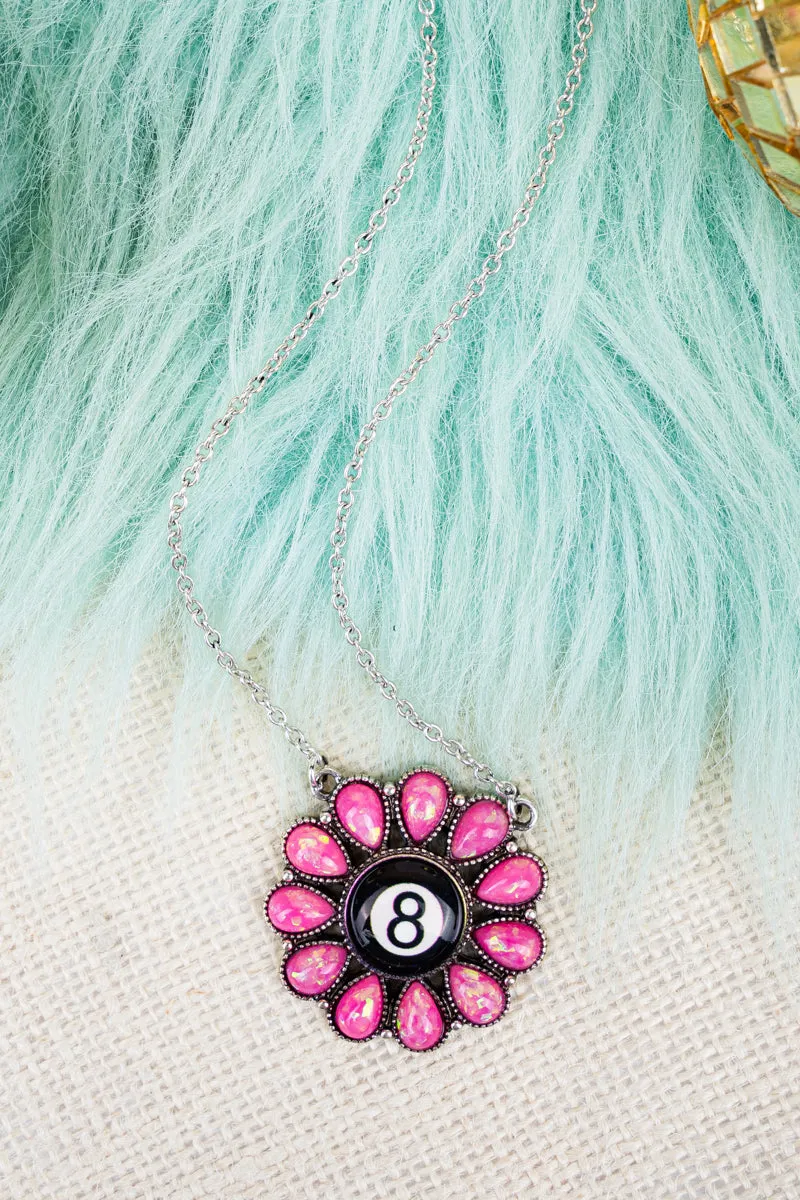 8 Ball Pink Opal Concho Silvertone Necklace