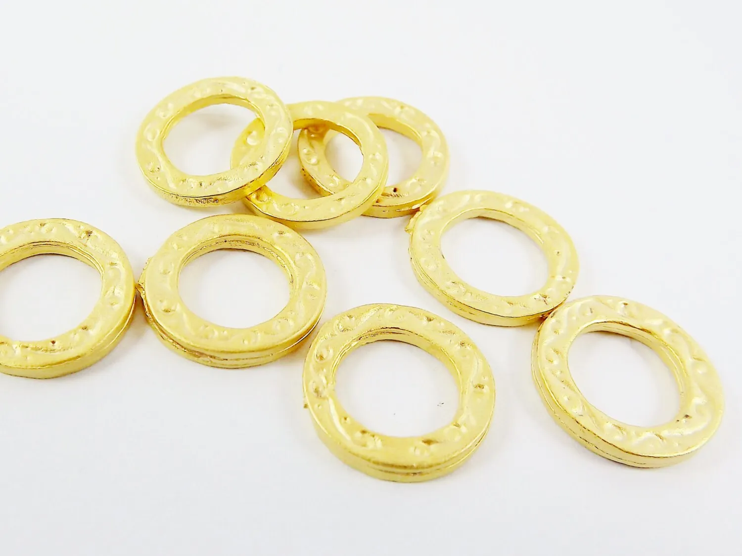 8 Small Textured Flat Ring Closed Loop Circle Pendant Connector  - 22k Matte Gold Plated - 8 PC