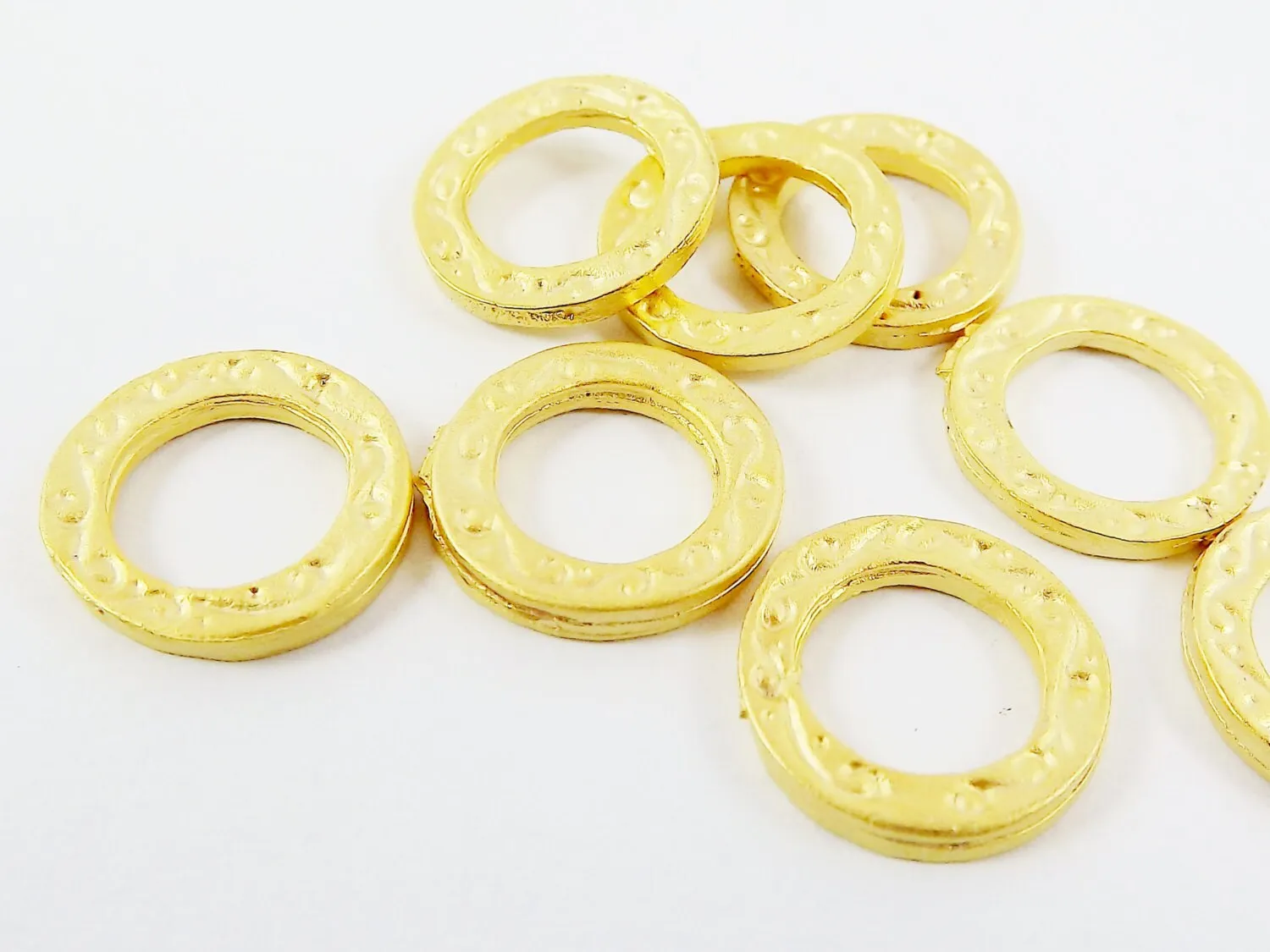 8 Small Textured Flat Ring Closed Loop Circle Pendant Connector  - 22k Matte Gold Plated - 8 PC