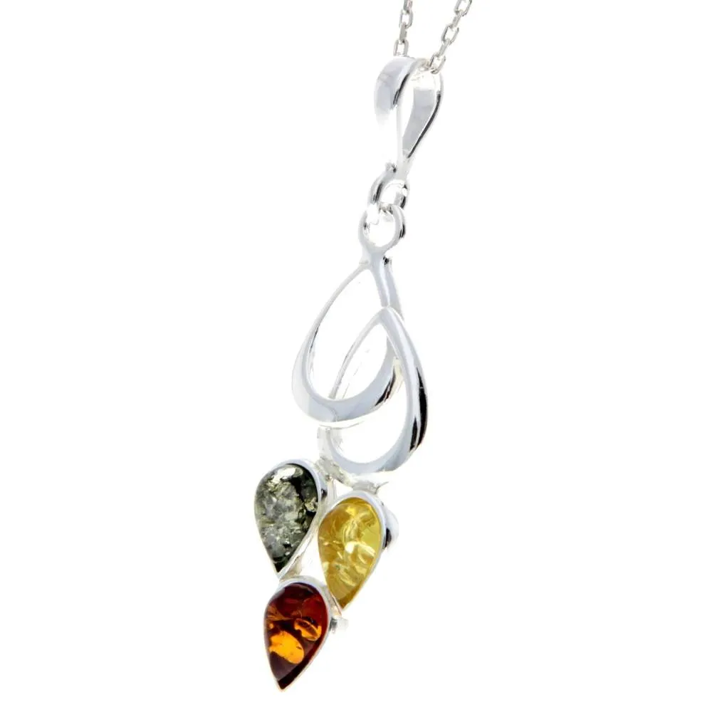 925 Sterling Silver & Baltic Amber 3 Stone Modern Pendant - M2002