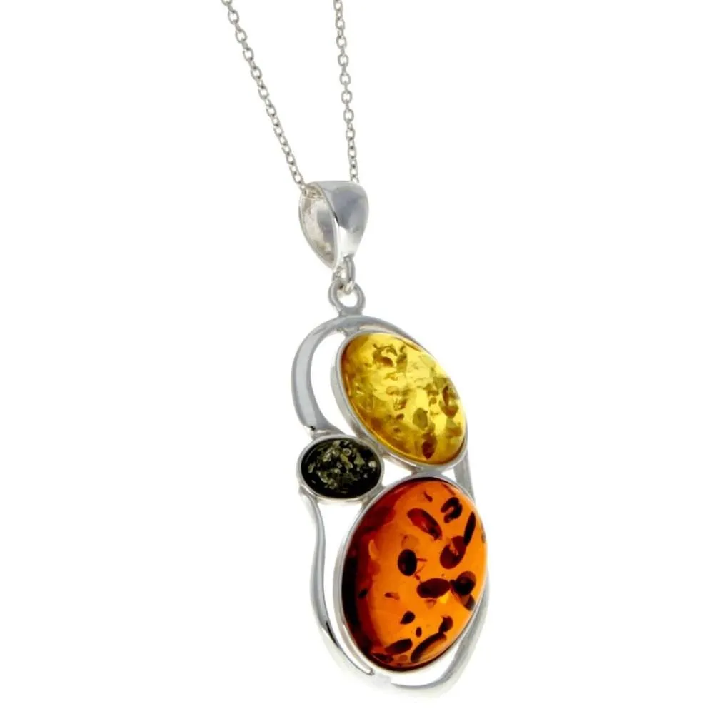 925 Sterling Silver & Baltic Amber 3 Stone Modern Pendant - M370