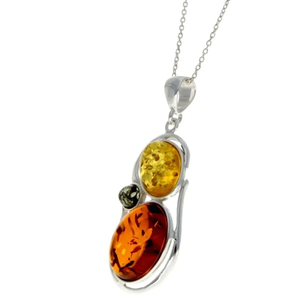 925 Sterling Silver & Baltic Amber 3 Stone Modern Pendant - M370