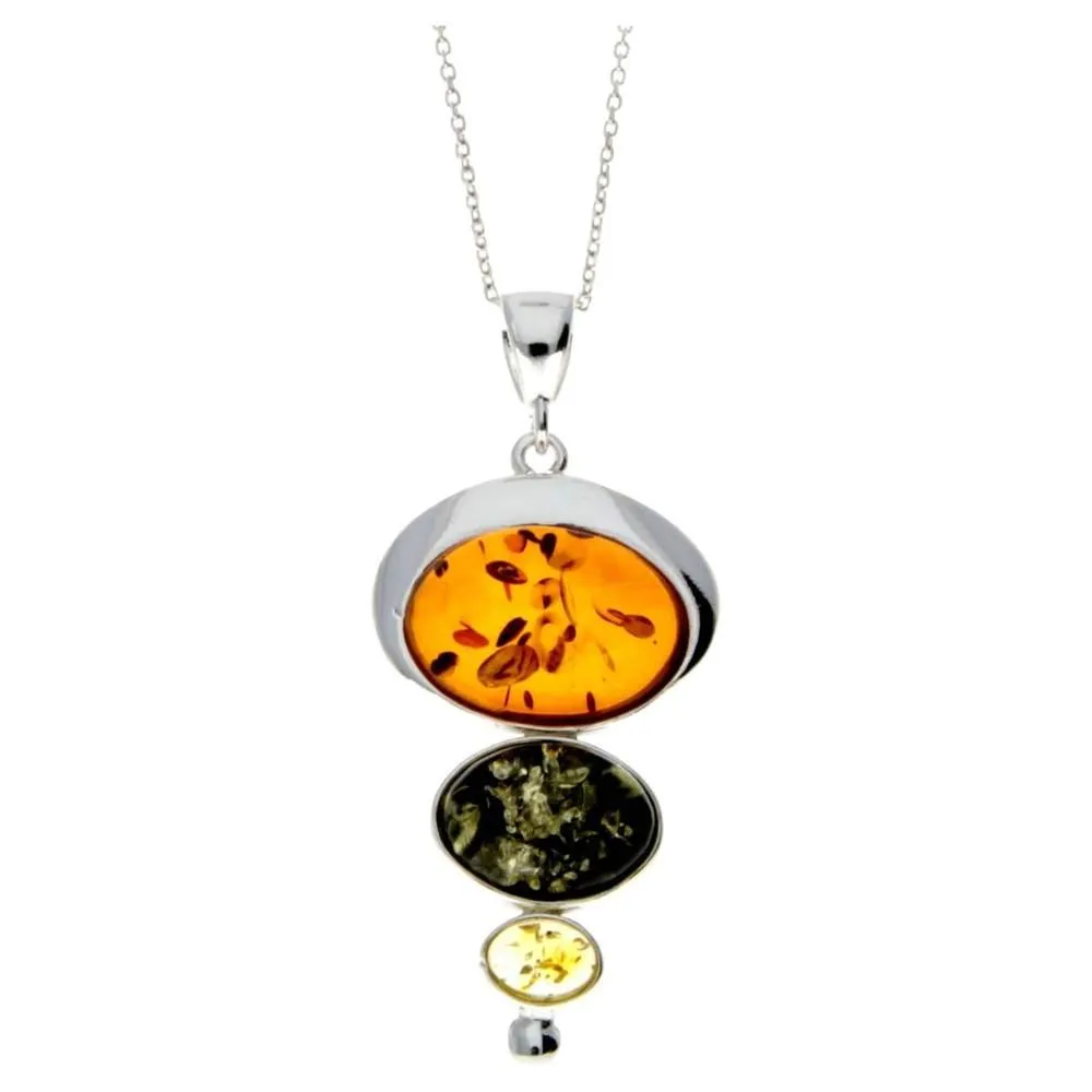 925 Sterling Silver & Baltic Amber 3 Stone Modern Pendant - M371