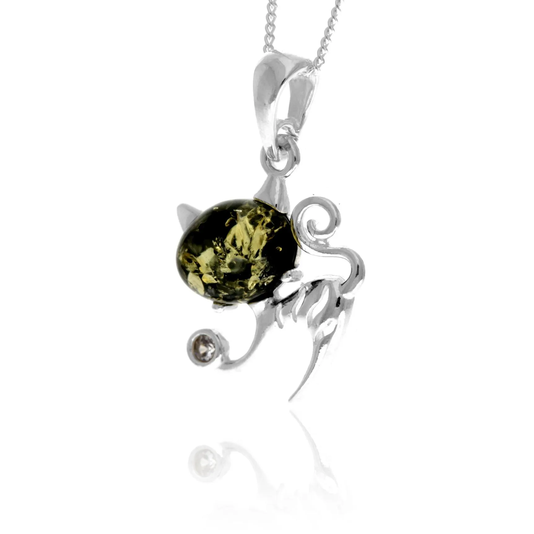 925 Sterling Silver & Genuine Baltic Amber Modern Pussy Cat Pendant - GL2034