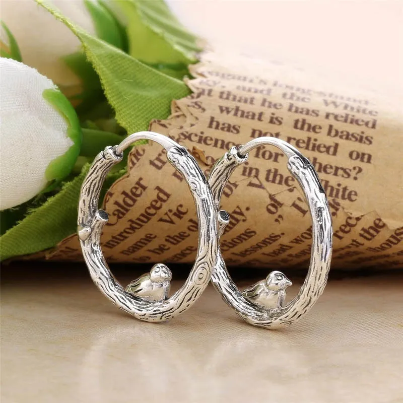 925 Sterling Silver Spring Bird Branch Stud Earring