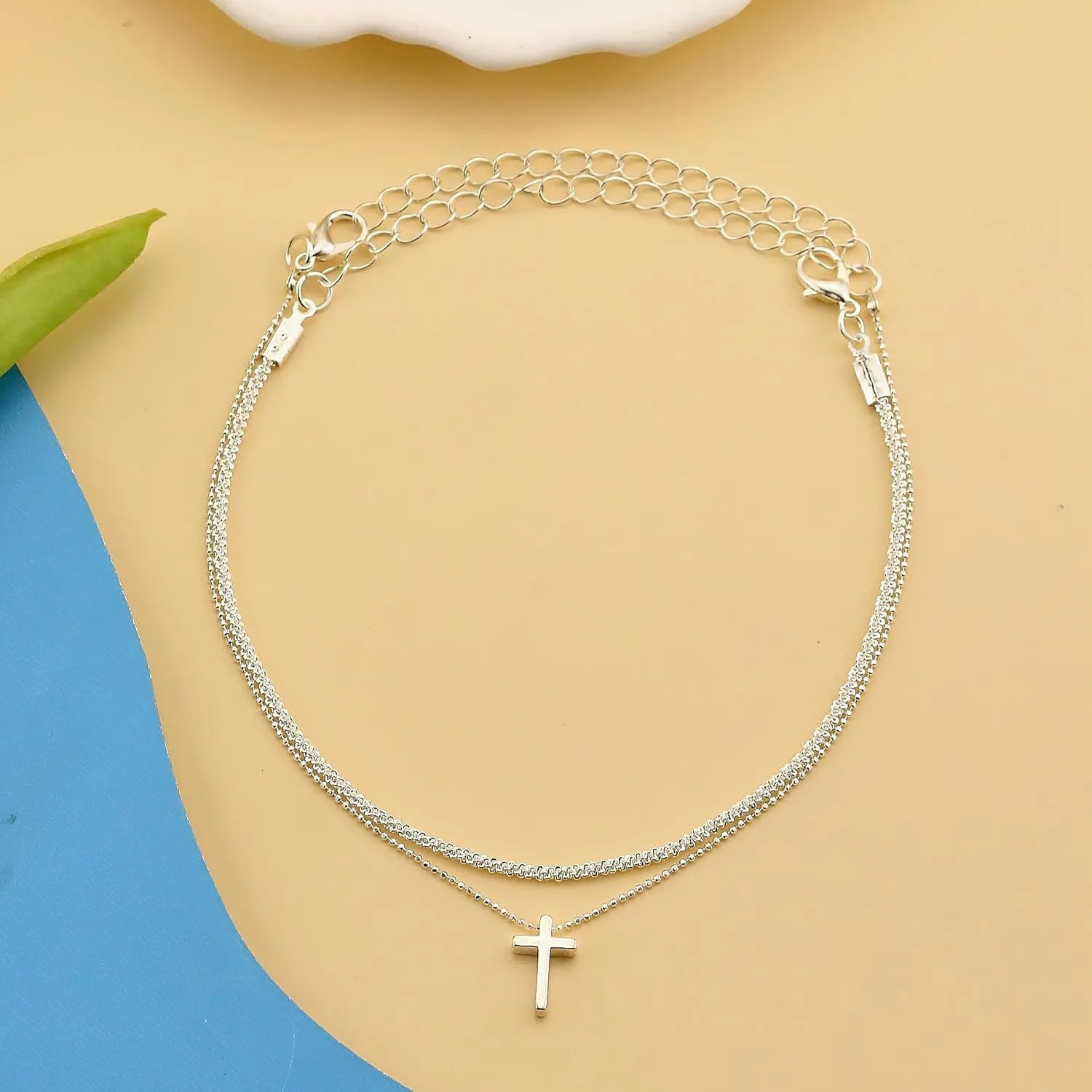 Ankle Bracelets for Women Gold Silver Layered Glitter Anklet for Women Waterproof Beach Cross Anklet Set Dainty Summer Foot Jewelry