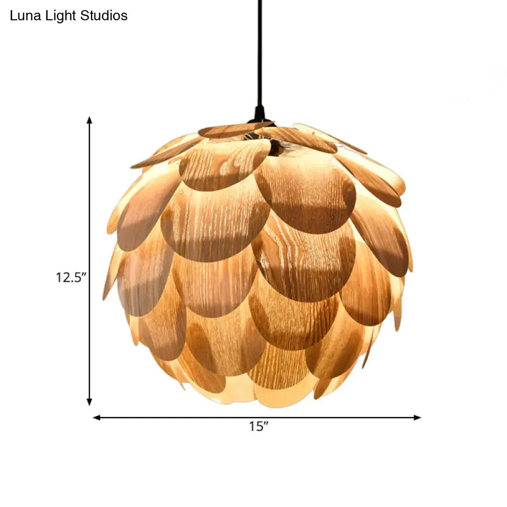 Asian Pinecone Pendant Light: Beige Wooden Hanging Lamp for Guest Room
