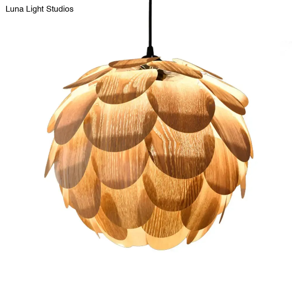 Asian Pinecone Pendant Light: Beige Wooden Hanging Lamp for Guest Room