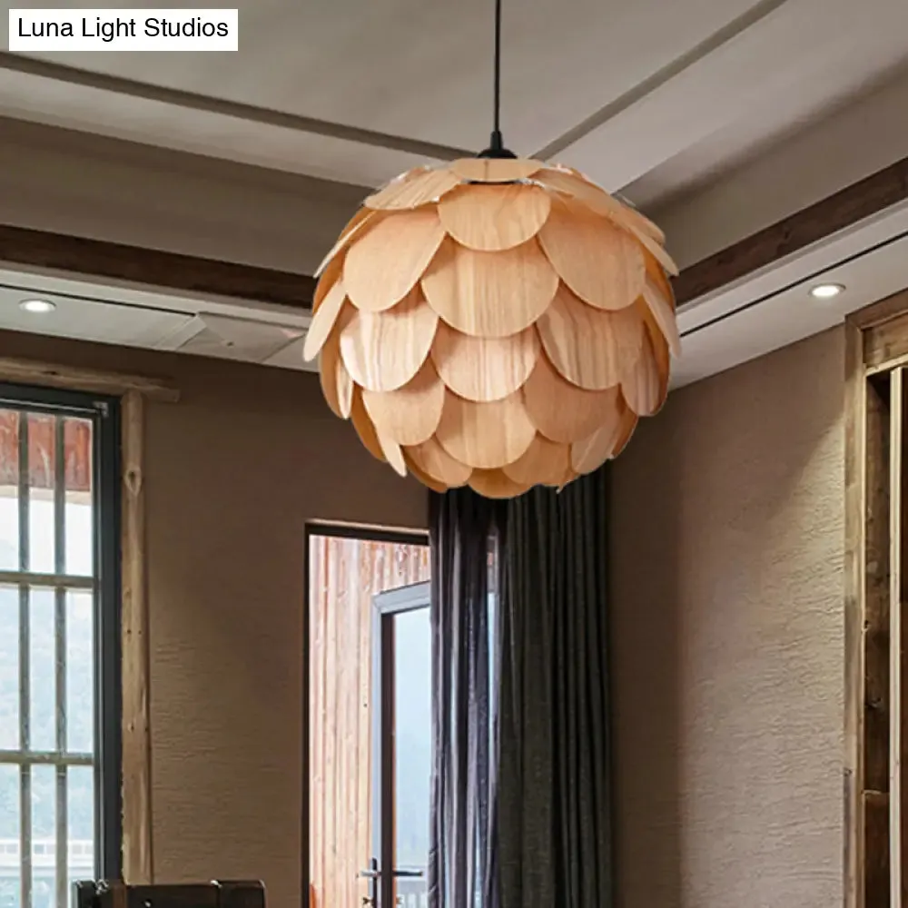 Asian Pinecone Pendant Light: Beige Wooden Hanging Lamp for Guest Room