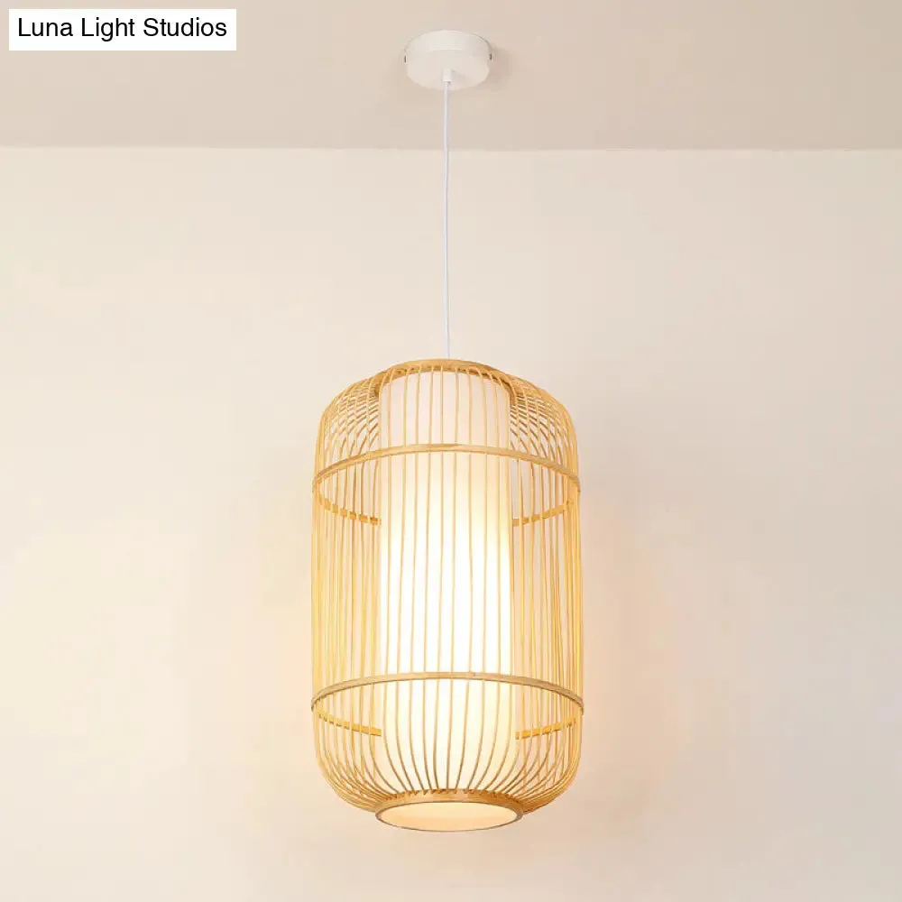 Asian Style Bamboo Pendant with Diamond, Drum, and Barrel Drops - 1-Light Hanging Light Kit for Restaurants in Beige
