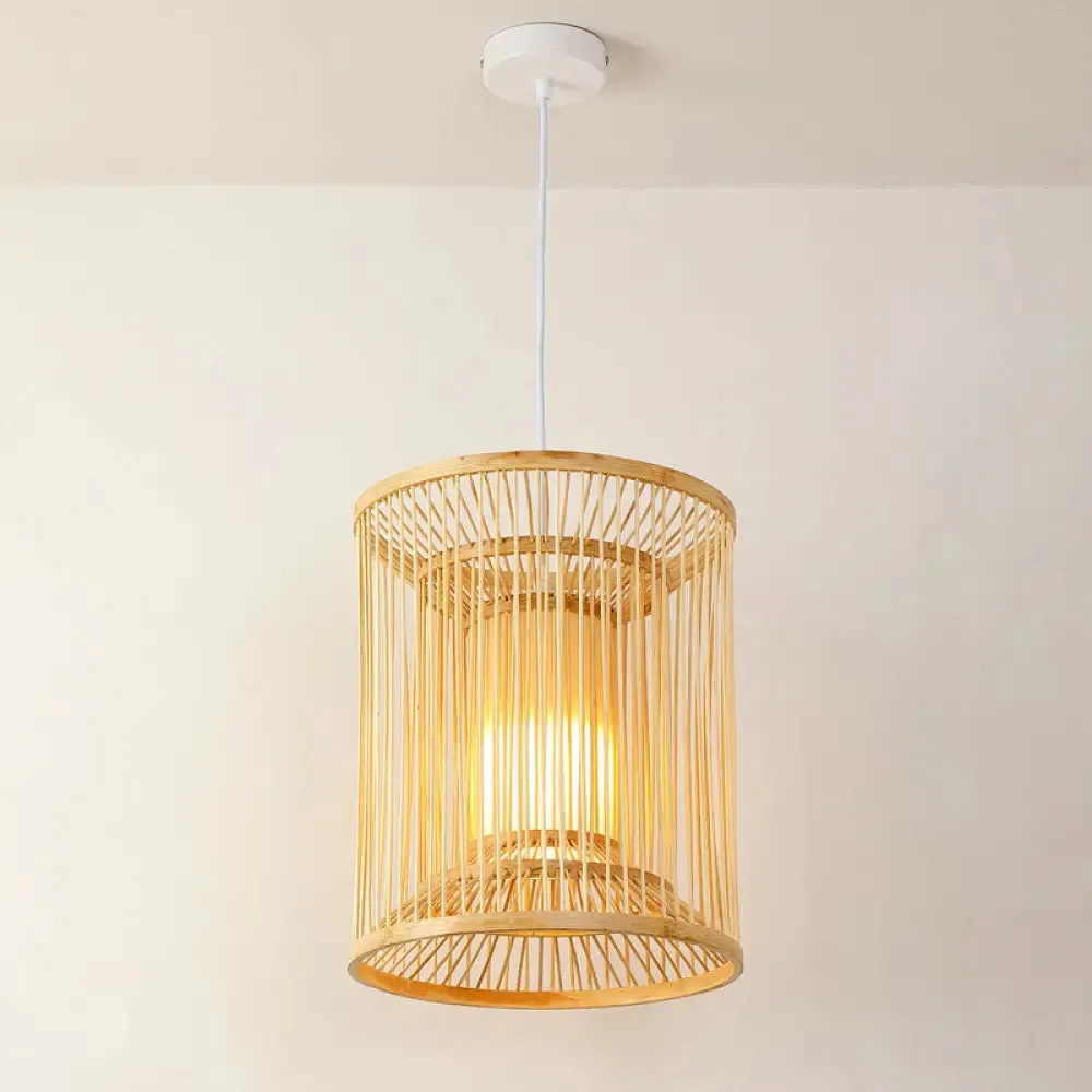 Asian Style Bamboo Pendant with Diamond, Drum, and Barrel Drops - 1-Light Hanging Light Kit for Restaurants in Beige