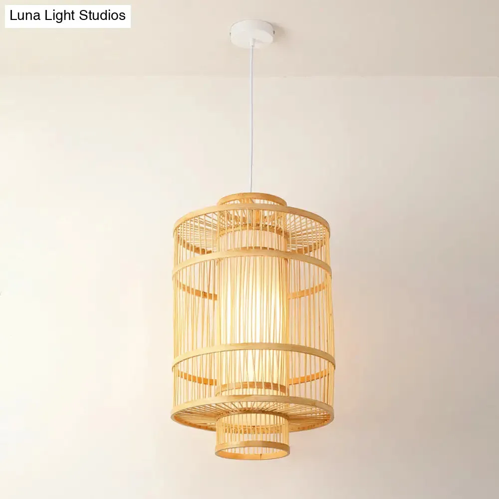 Asian Style Bamboo Pendant with Diamond, Drum, and Barrel Drops - 1-Light Hanging Light Kit for Restaurants in Beige