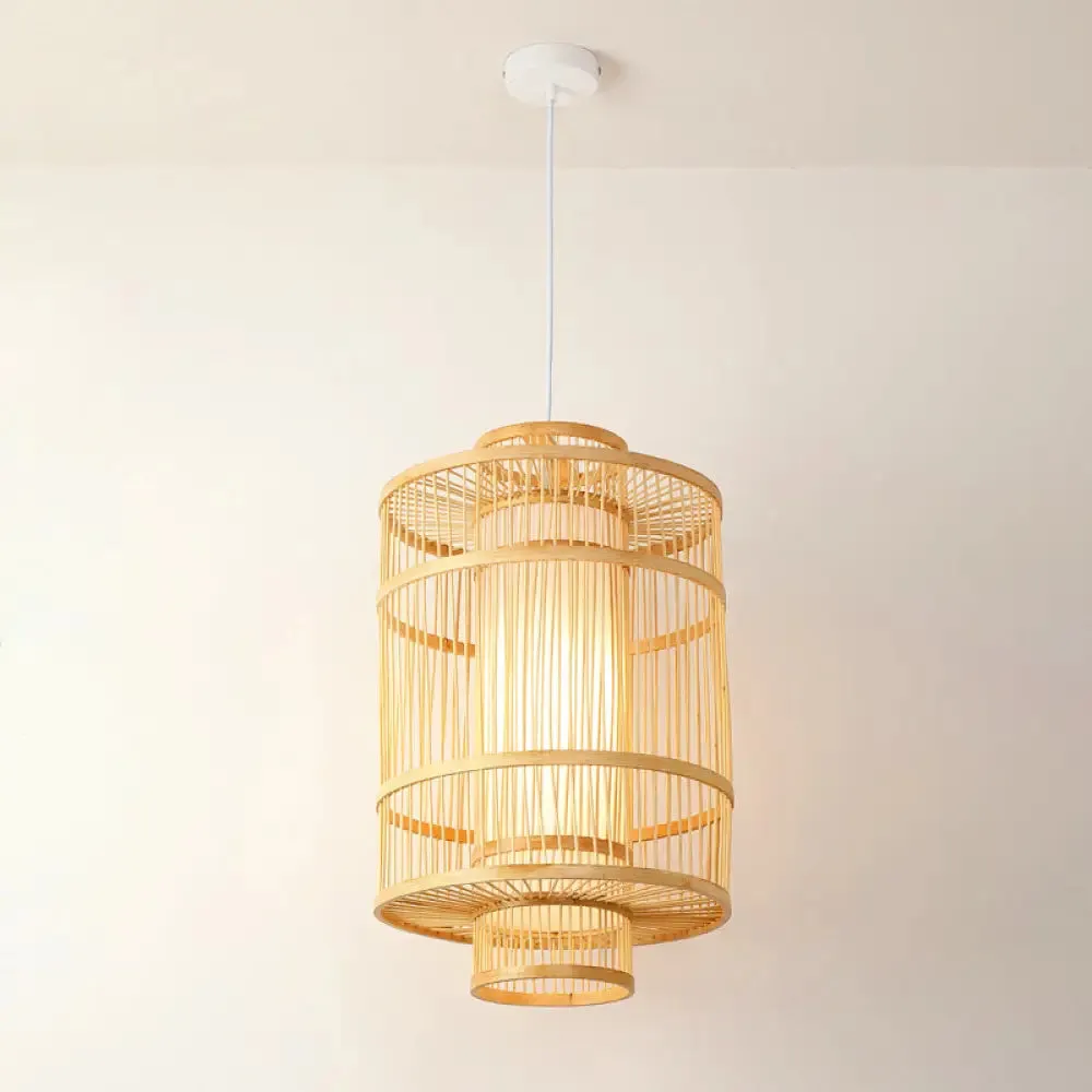 Asian Style Bamboo Pendant with Diamond, Drum, and Barrel Drops - 1-Light Hanging Light Kit for Restaurants in Beige