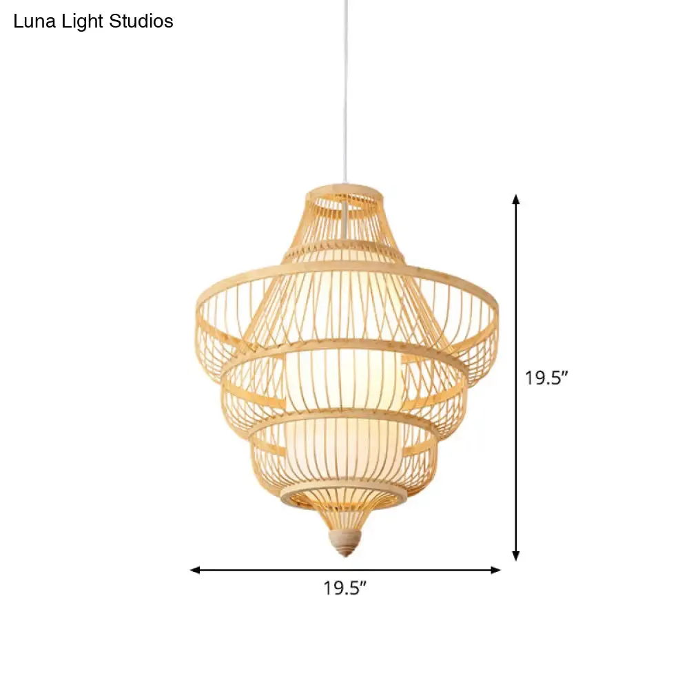 Asian Style Bamboo Pendant with Diamond, Drum, and Barrel Drops - 1-Light Hanging Light Kit for Restaurants in Beige