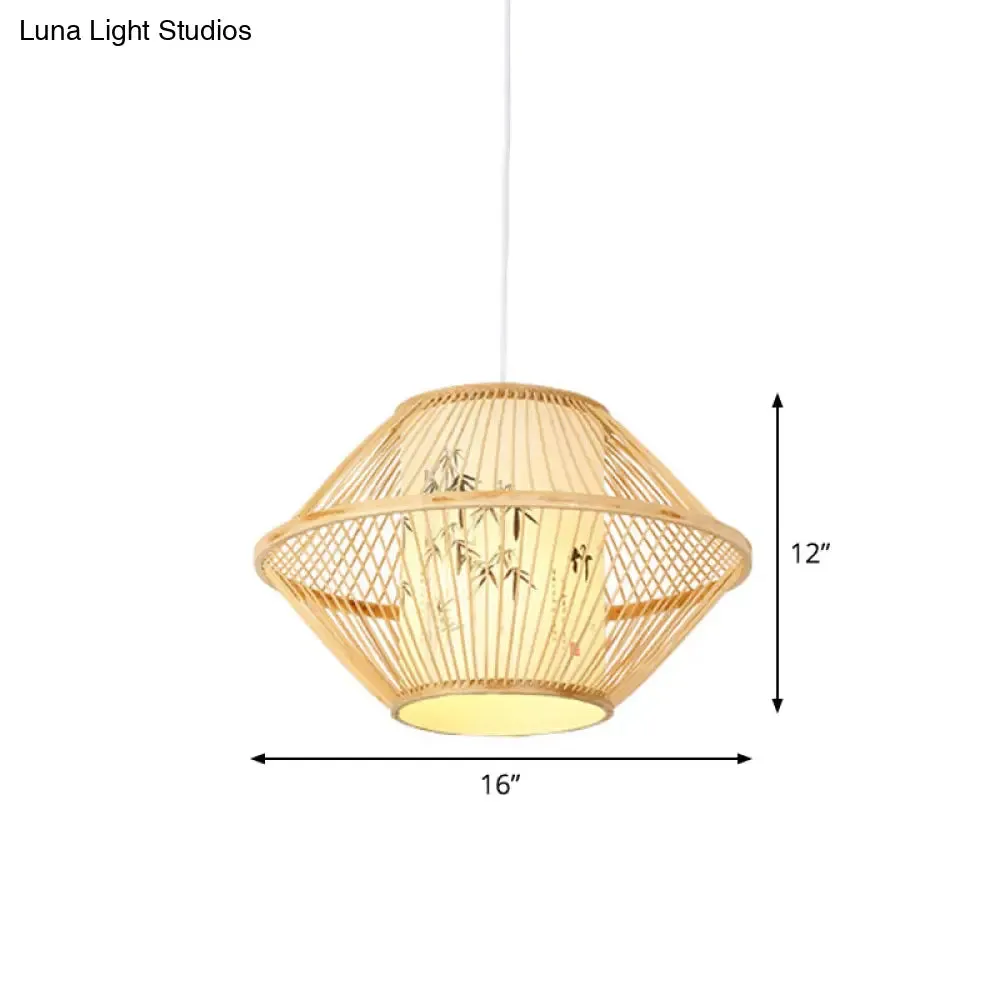 Asian Style Bamboo Pendant with Diamond, Drum, and Barrel Drops - 1-Light Hanging Light Kit for Restaurants in Beige