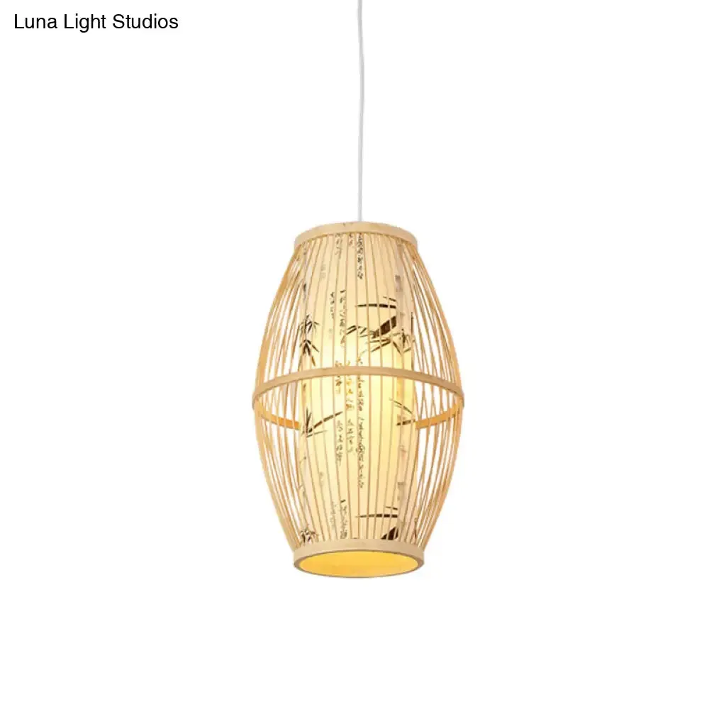 Asian Style Bamboo Pendant with Diamond, Drum, and Barrel Drops - 1-Light Hanging Light Kit for Restaurants in Beige