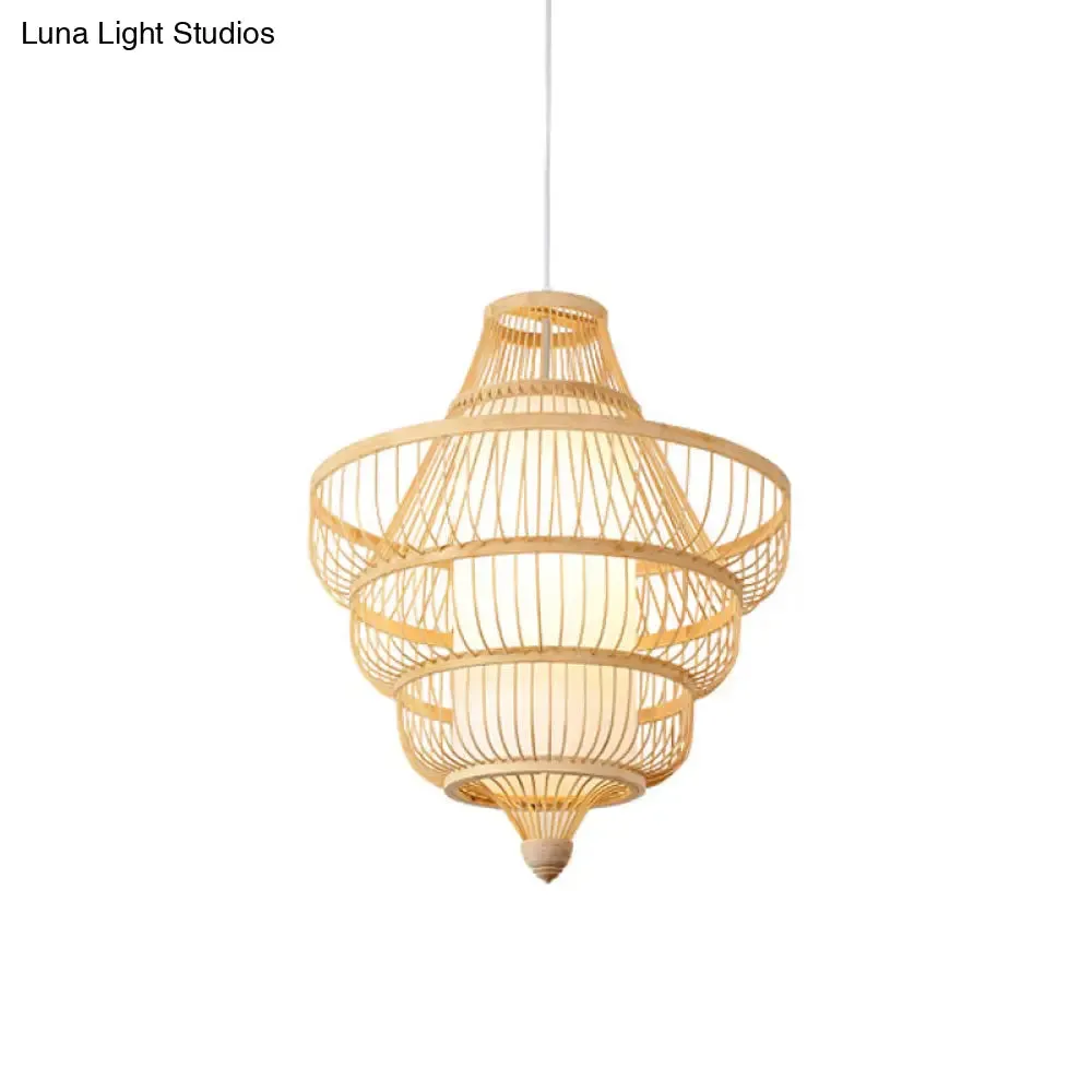 Asian Style Bamboo Pendant with Diamond, Drum, and Barrel Drops - 1-Light Hanging Light Kit for Restaurants in Beige