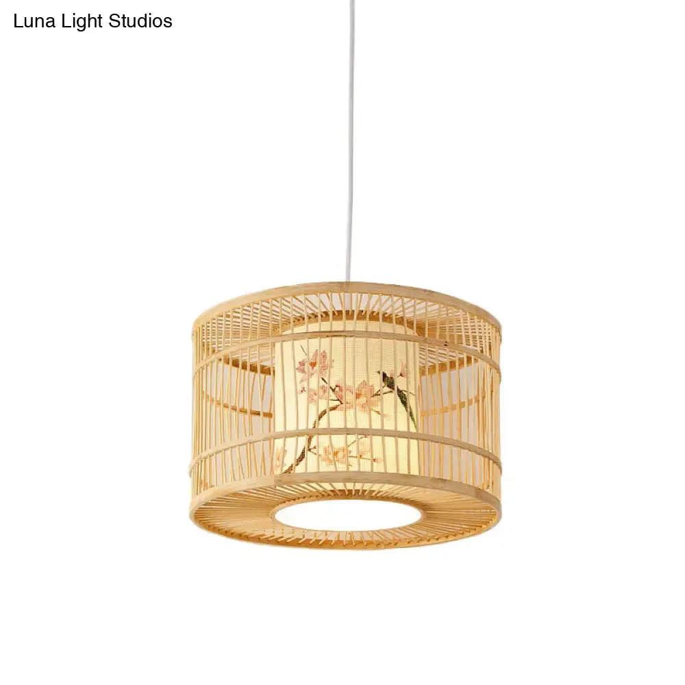 Asian Style Bamboo Pendant with Diamond, Drum, and Barrel Drops - 1-Light Hanging Light Kit for Restaurants in Beige