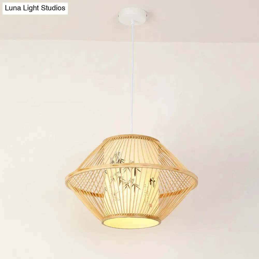 Asian Style Bamboo Pendant with Diamond, Drum, and Barrel Drops - 1-Light Hanging Light Kit for Restaurants in Beige
