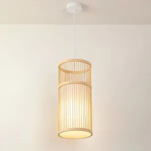 Asian Style Bamboo Pendant with Diamond, Drum, and Barrel Drops - 1-Light Hanging Light Kit for Restaurants in Beige