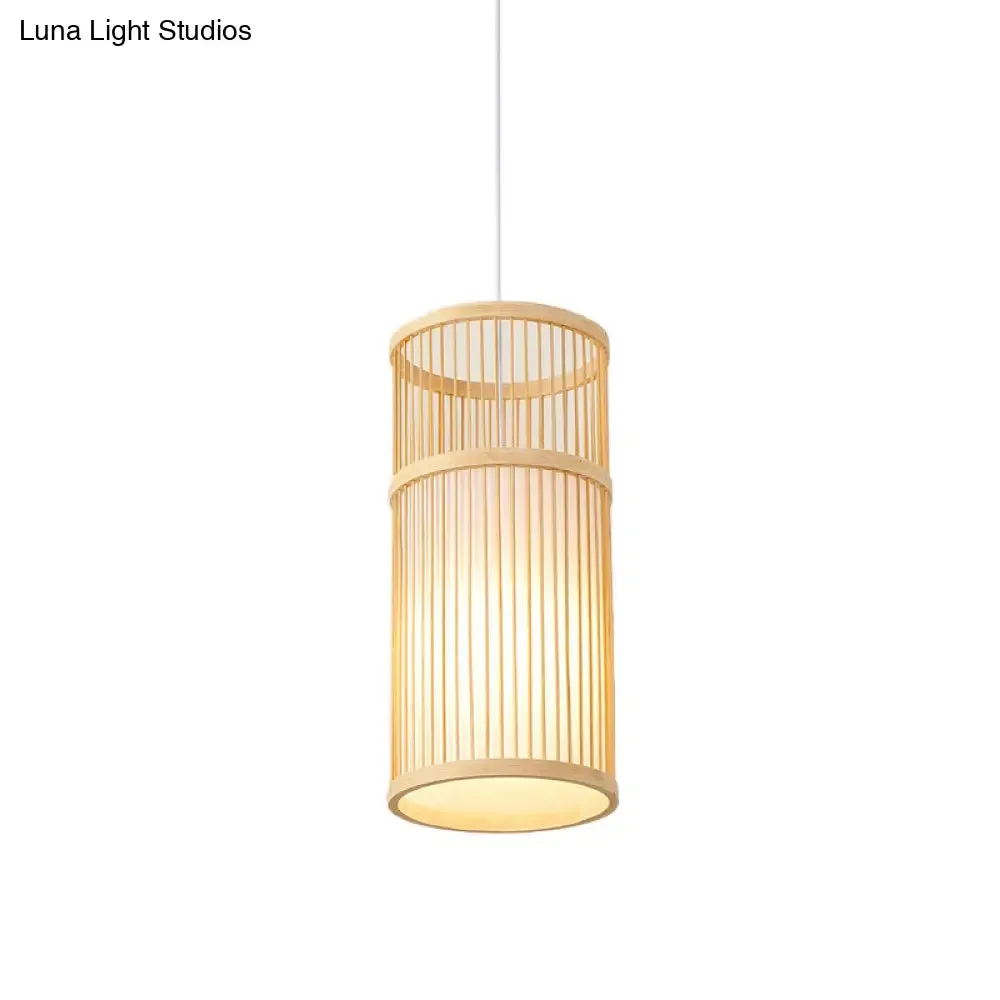 Asian Style Bamboo Pendant with Diamond, Drum, and Barrel Drops - 1-Light Hanging Light Kit for Restaurants in Beige