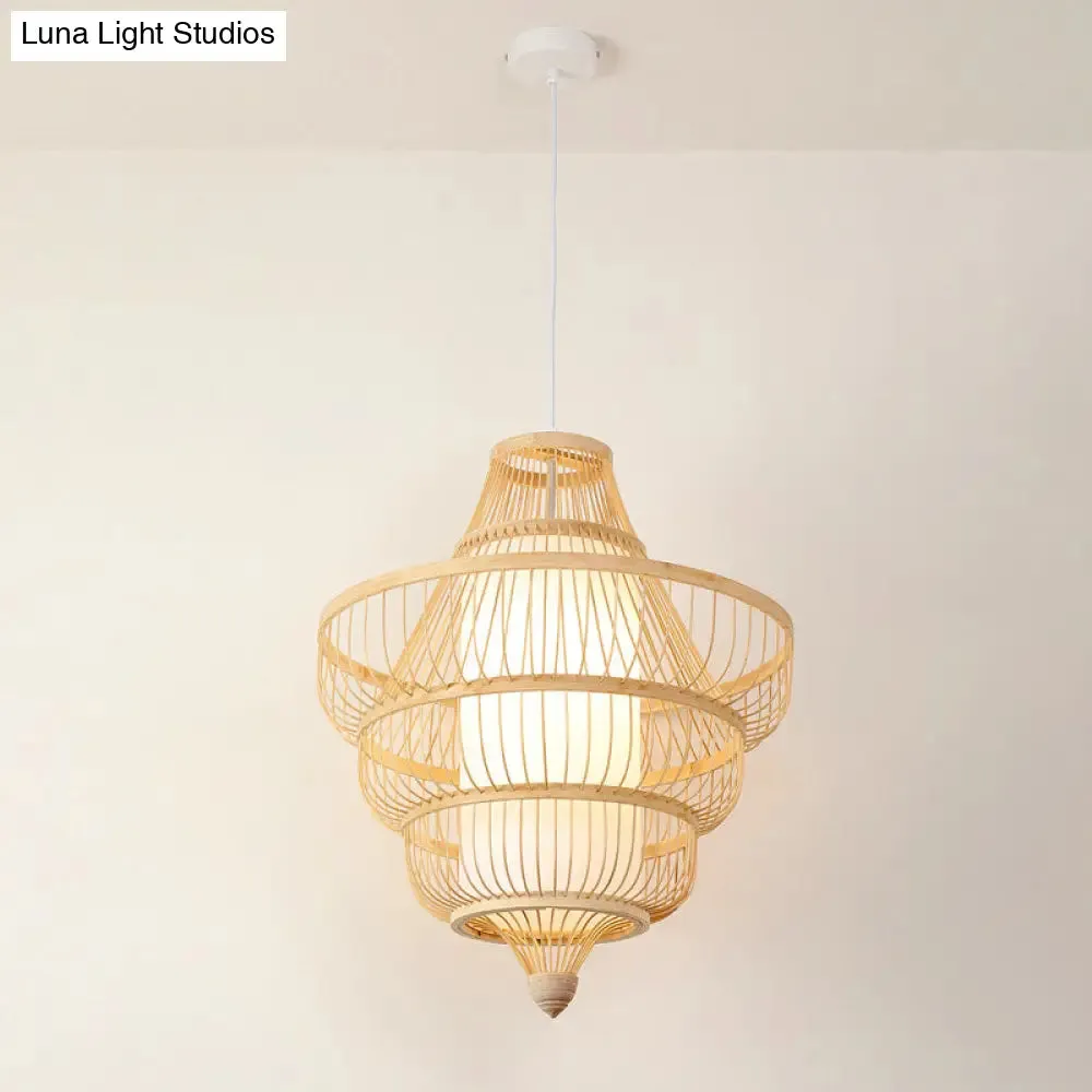 Asian Style Bamboo Pendant with Diamond, Drum, and Barrel Drops - 1-Light Hanging Light Kit for Restaurants in Beige