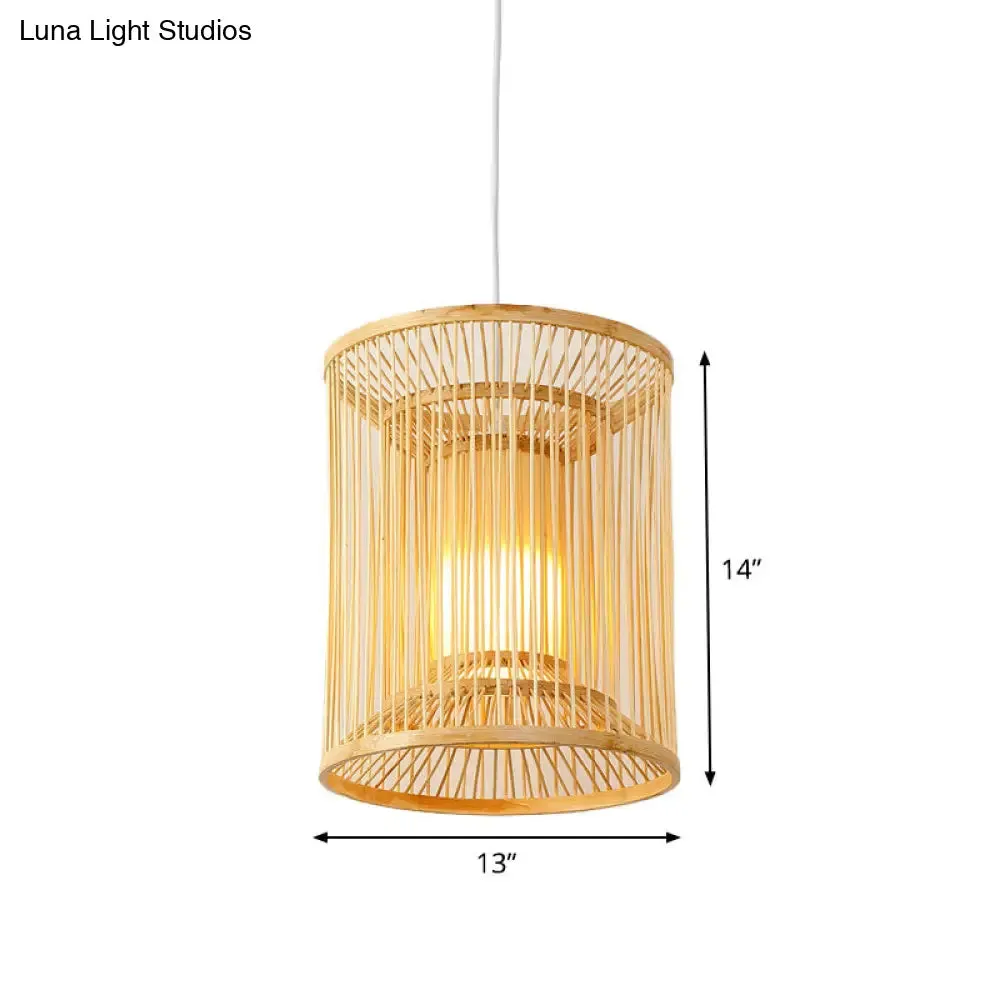 Asian Style Bamboo Pendant with Diamond, Drum, and Barrel Drops - 1-Light Hanging Light Kit for Restaurants in Beige