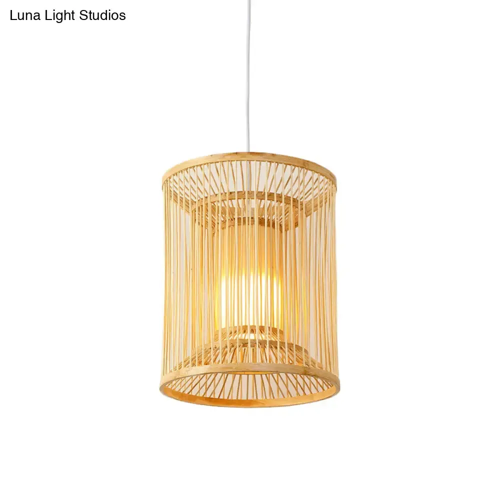 Asian Style Bamboo Pendant with Diamond, Drum, and Barrel Drops - 1-Light Hanging Light Kit for Restaurants in Beige