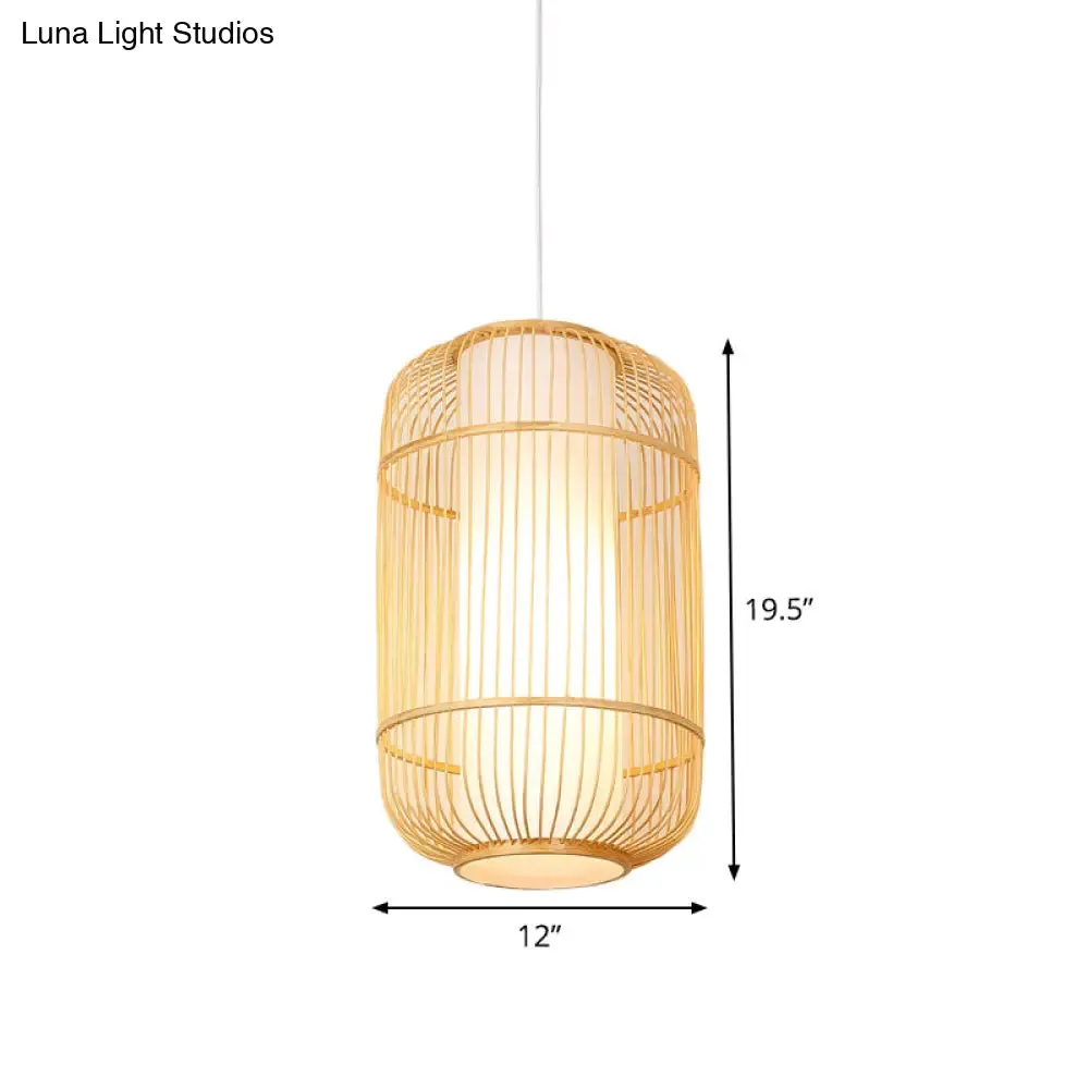 Asian Style Bamboo Pendant with Diamond, Drum, and Barrel Drops - 1-Light Hanging Light Kit for Restaurants in Beige