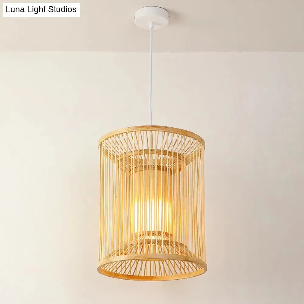 Asian Style Bamboo Pendant with Diamond, Drum, and Barrel Drops - 1-Light Hanging Light Kit for Restaurants in Beige