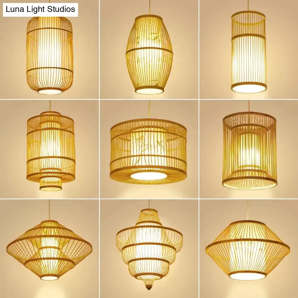 Asian Style Bamboo Pendant with Diamond, Drum, and Barrel Drops - 1-Light Hanging Light Kit for Restaurants in Beige