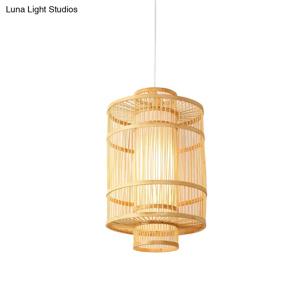 Asian Style Bamboo Pendant with Diamond, Drum, and Barrel Drops - 1-Light Hanging Light Kit for Restaurants in Beige