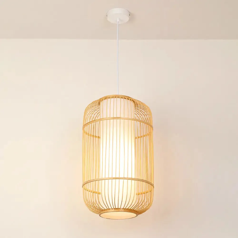 Asian Style Bamboo Pendant with Diamond, Drum, and Barrel Drops - 1-Light Hanging Light Kit for Restaurants in Beige