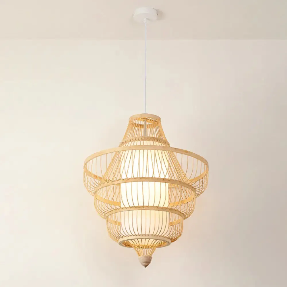 Asian Style Bamboo Pendant with Diamond, Drum, and Barrel Drops - 1-Light Hanging Light Kit for Restaurants in Beige