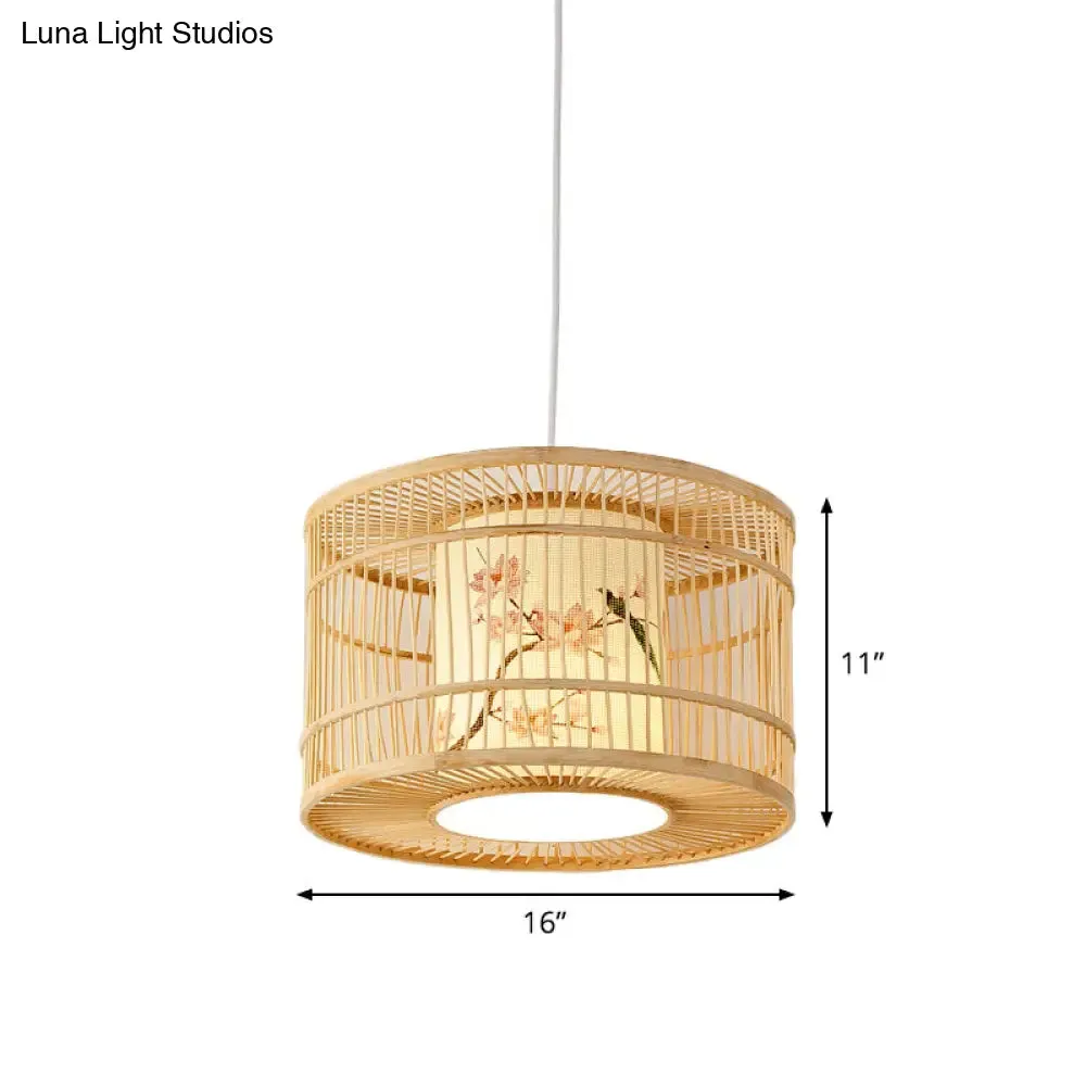 Asian Style Bamboo Pendant with Diamond, Drum, and Barrel Drops - 1-Light Hanging Light Kit for Restaurants in Beige