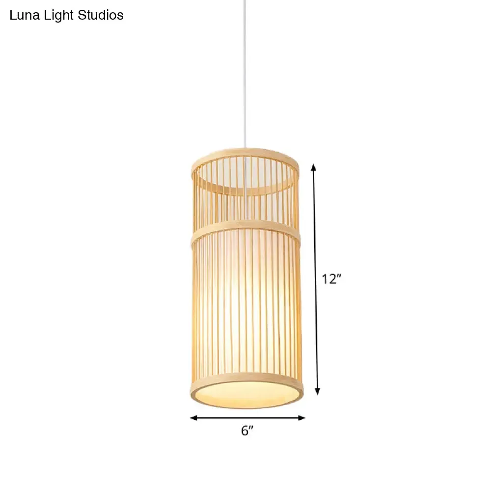 Asian Style Bamboo Pendant with Diamond, Drum, and Barrel Drops - 1-Light Hanging Light Kit for Restaurants in Beige